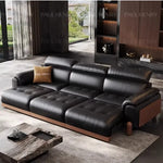 canapé d'angle moderne simili cuir noir confortable coussin marron salon adulte