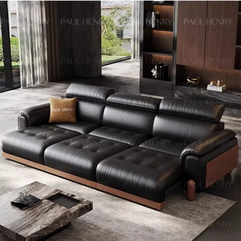 canapé d'angle moderne simili cuir noir confortable coussin marron salon adulte