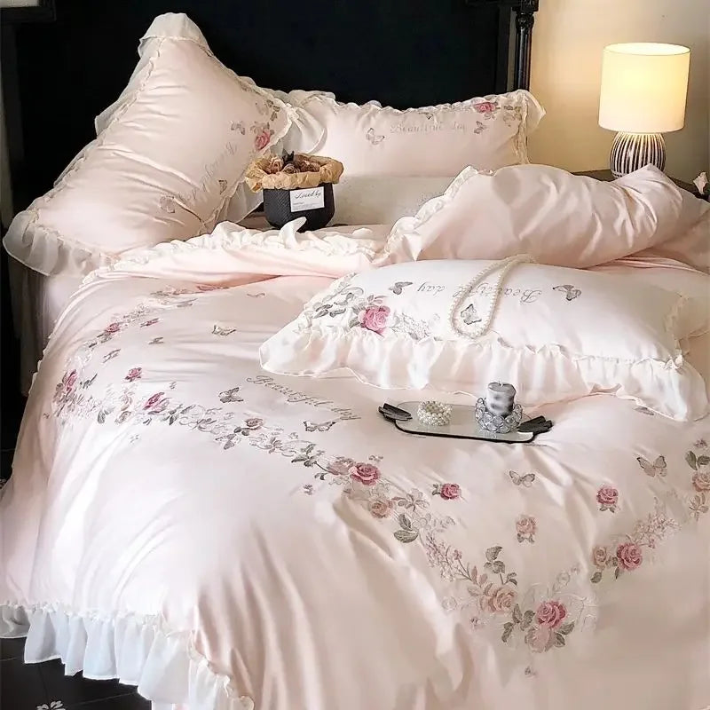 ensemble literie rose clair broderie fleurs papillons queen size coton égyptien 1000tc doux respirant