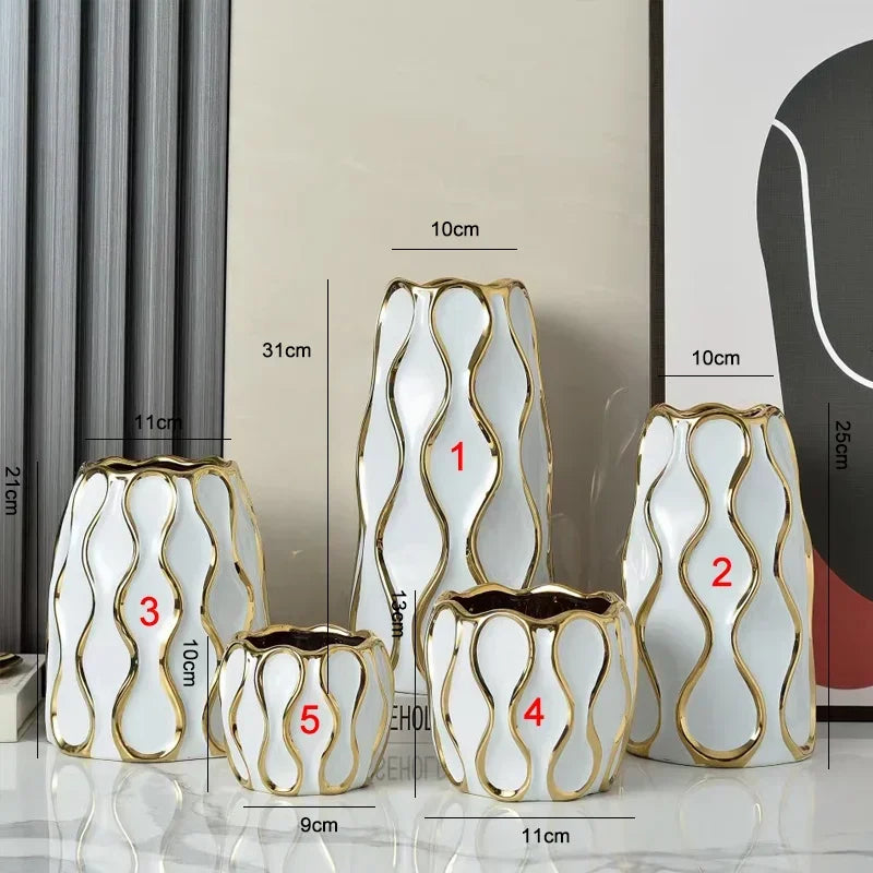 vase céramique moderne blanc or noir lignes dorées élégant décoration salon fleurs artificiellements