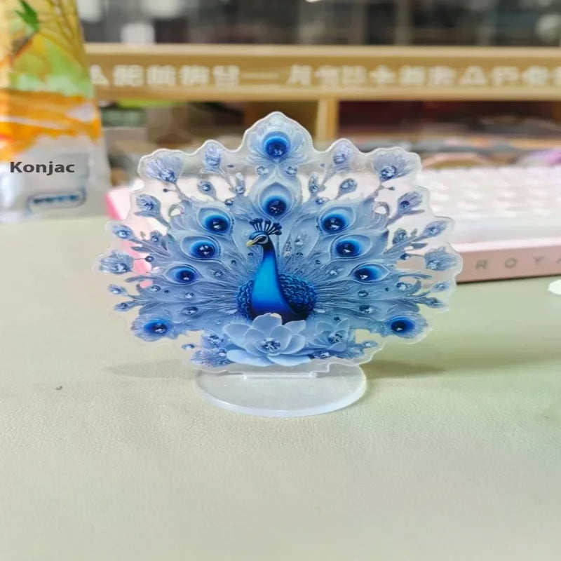 statue paon bleu plumes strass motif floral décoration intérieure support transparent ornement