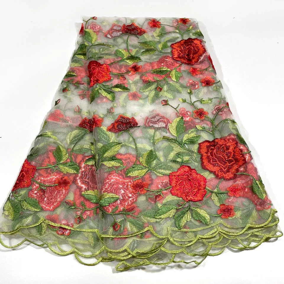 tissu dentelle africain floral brodé noir rouge vert rose violet 120cm 5mètres hautequalité translucide