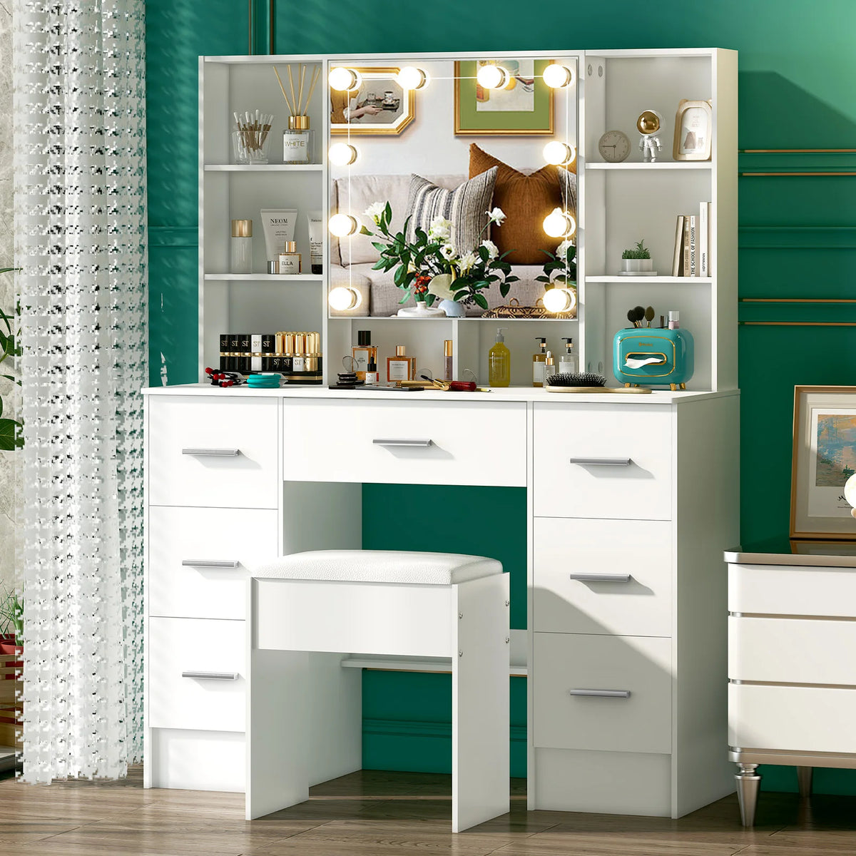 table maquillage moderne blanc miroir glissière éclairage led