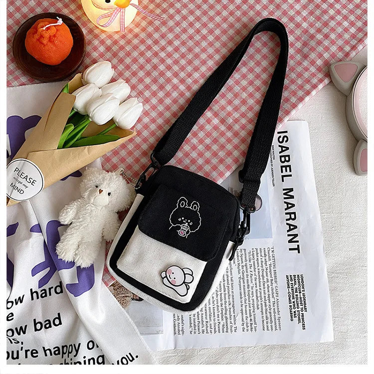 sac bandoulière femme toile dessin animé noir blanc rose moderne poche avant fermeture glissière