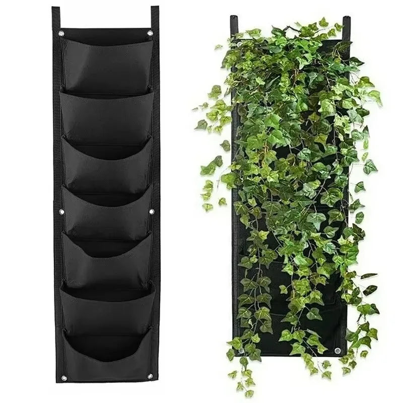 jardinière murale suspendue poches tissu noir vert rustique plante fleur herbe aromatique(vertical)