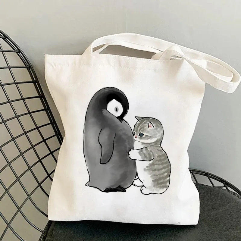 sac main toile blanc chats cartoon poignées détachables fourre tout durable réutilisable quotidien essentialsécole