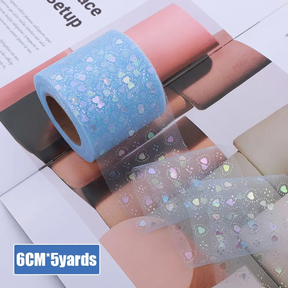 ruban decoratif polyester coeurs iridescents paillettes translucide vert rose bleu clair noir 6cm 5yards