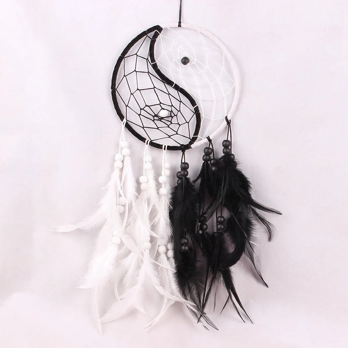 attrape rêves yin yang noir blanc plumes ethnique boho chic corde