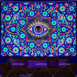 tapisserie murale multicolore oeil stylisé motifs géométriques artificielle psychédélique uv reactive