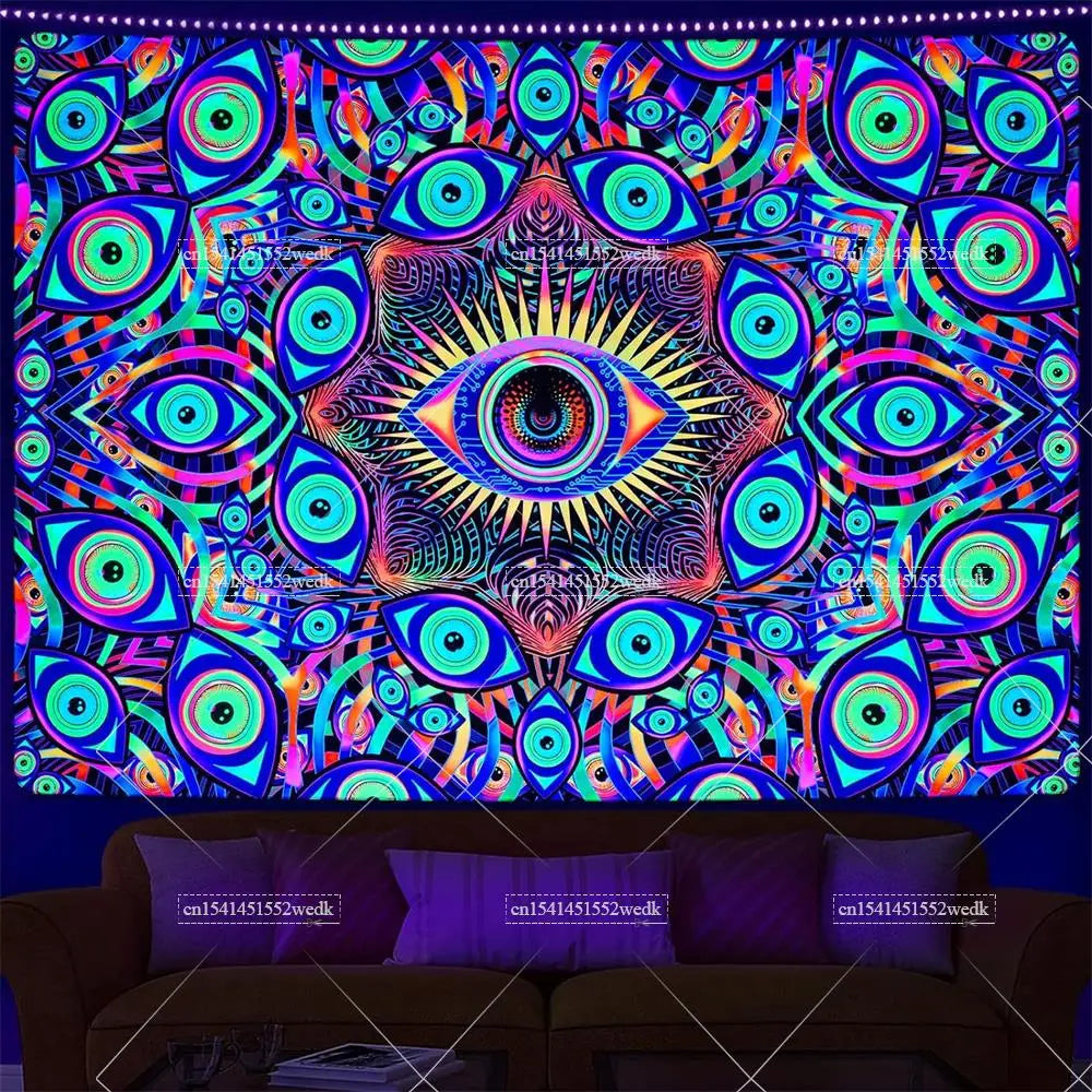 tapisserie murale multicolore oeil stylisé motifs géométriques artificielle psychédélique uv reactive