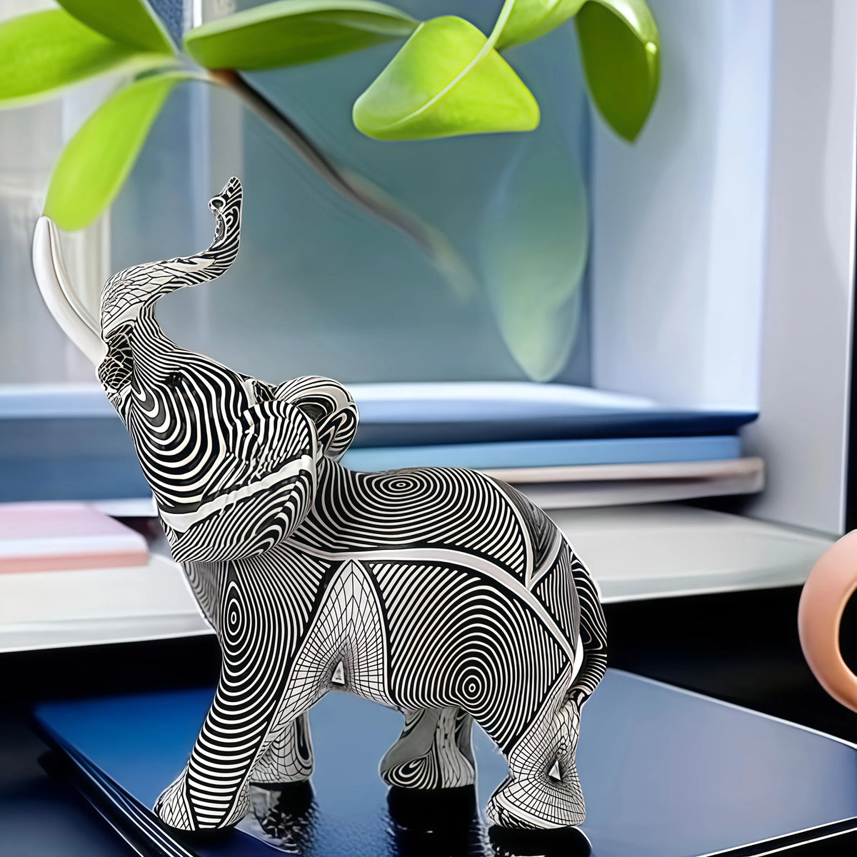 statue éléphant résine rayée noir blanc artisanale décoration moderne maison salon