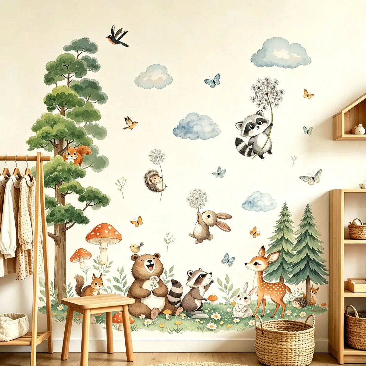 stickers muraux animaux forêt nuages papillons dessin animé adhésifs vert blanc bleu beige