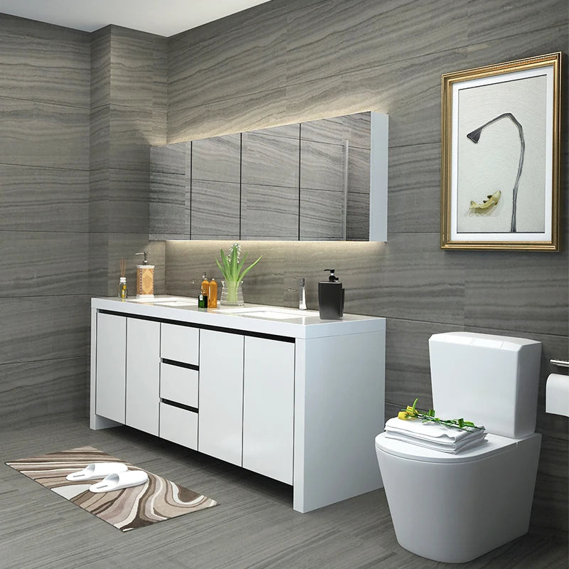 meuble salle bain blanc moderne deux lavabos miroir savonnières porte savon