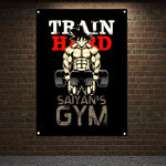 bannière sportive homme musclé dragon ball gym flammes abstrait train hard saiyani's gym