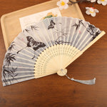 éventail pliant traditionnel papillons bambou fleurs tassel noir blanc gris