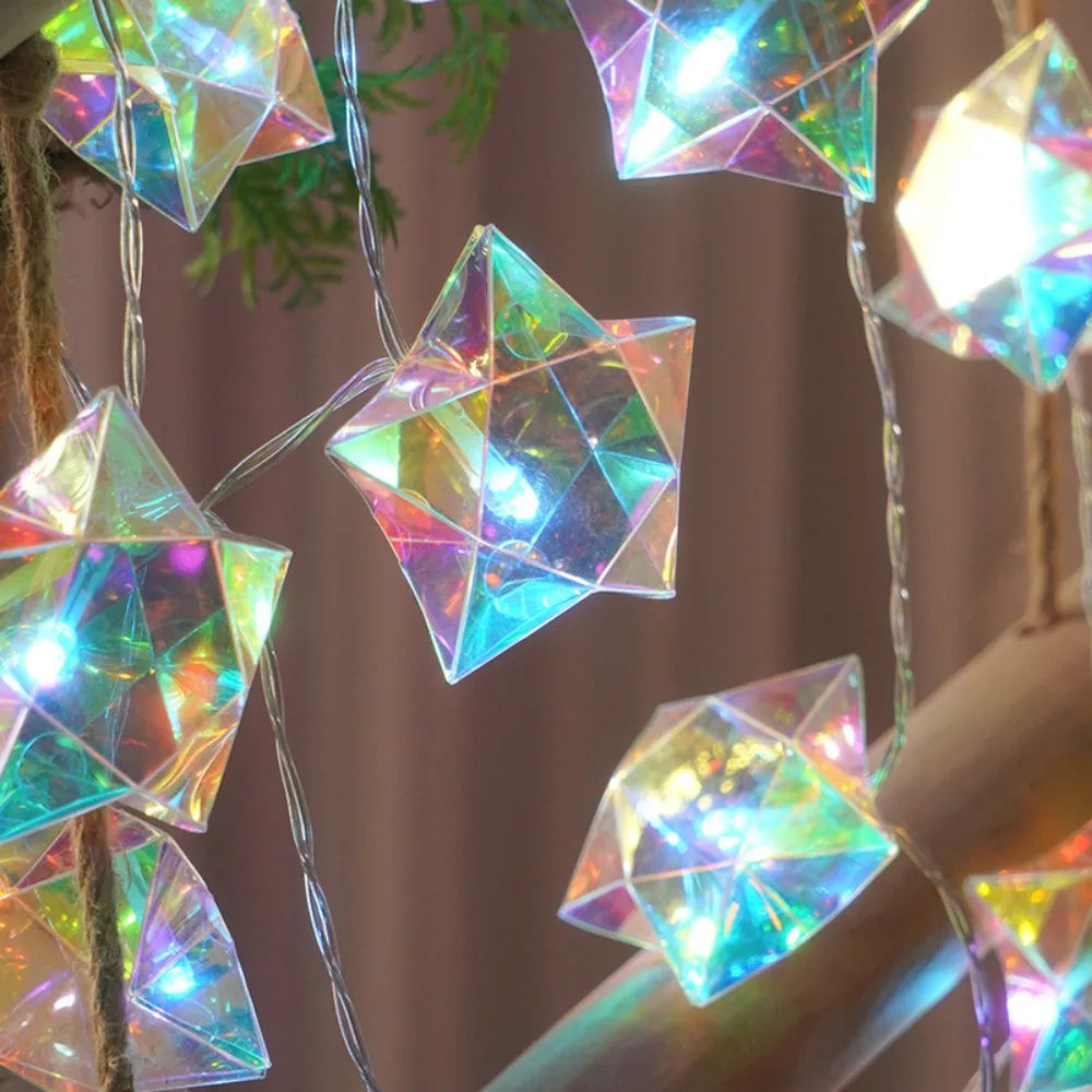 guirlande lumineuse 10 led étoiles géométriques moderne multicolore transparente 3v batterie aa chambre vacances