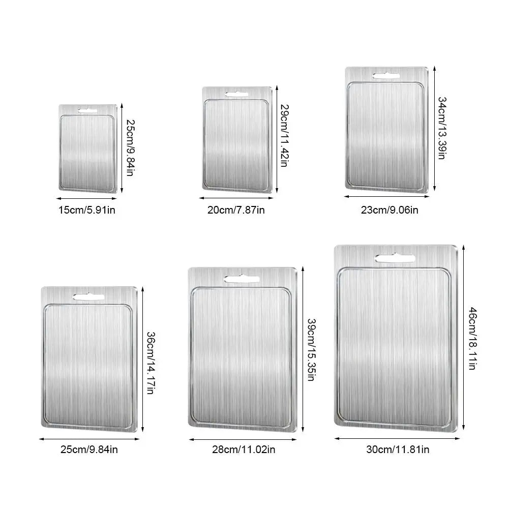 planche découper acier inoxydable texture brossée poignées moderne cuisine qualité alimentaire double face 28cm