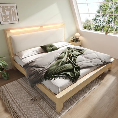 Lit double 140x200 cm en bois de chêne clair avec tête de lit LED
