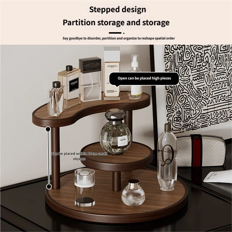 meuble rangement deux niveaux bois foncé minimaliste parfums cosmétiques accessoires