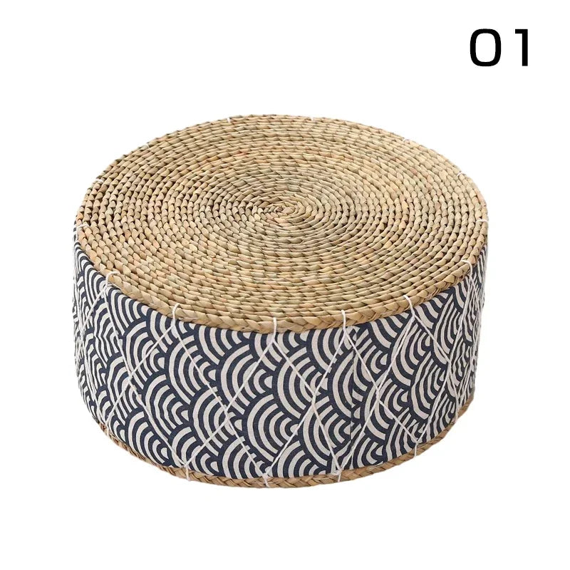 coussin futon rond tissé motifs géométriques beige bleu marine blanc boho rustique