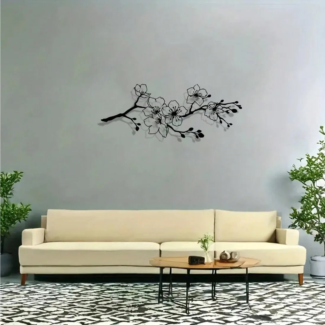 décoration murale moderne branche fleurs blanches adhésive salon intérieur extérieur noir
