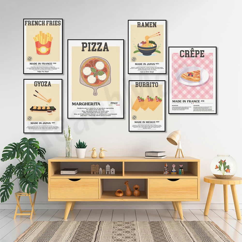 Cette image décorative présente différents plats emblématiques de différentes cuisines, avec des affiches illustrées représentant les spécialités culinaires comme les frites françaises, le ramen japonais, la pizza italienne, le burrito mexicain et les crêpes françaises.