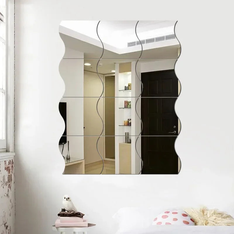 miroir moderne ondulé autocollant bleu blanc noir doré mur carreaux meubles