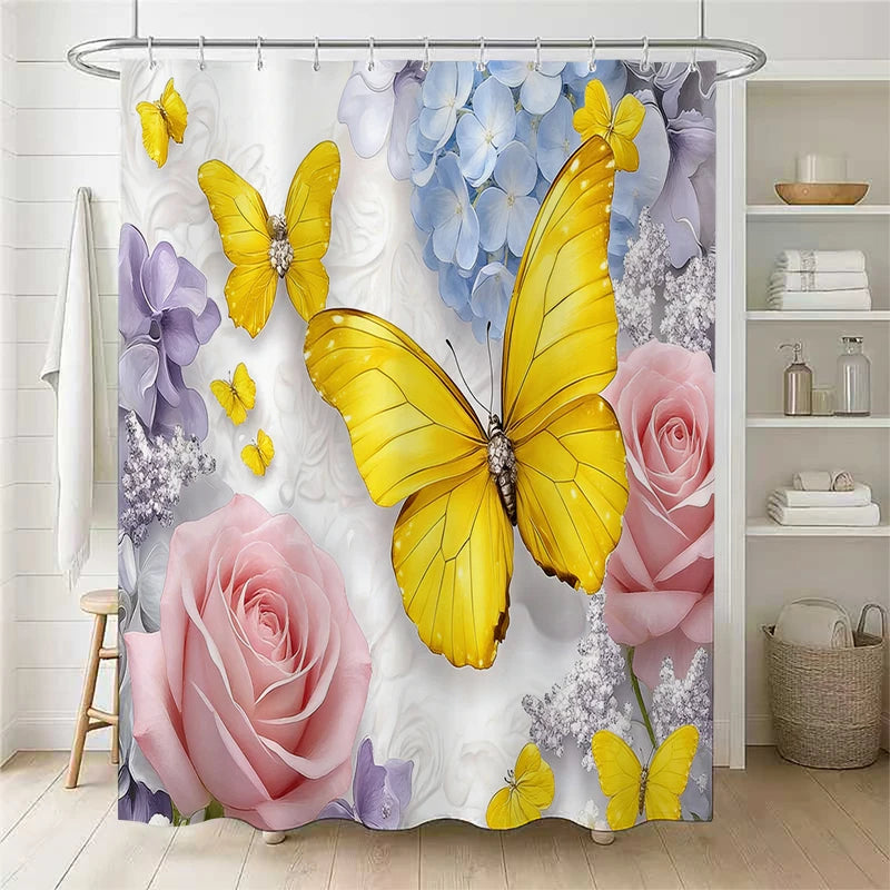 rideau douche papillons fleurs jaunes polyester moderne anneaux rideau blanc violet bleuclair chambre toilette