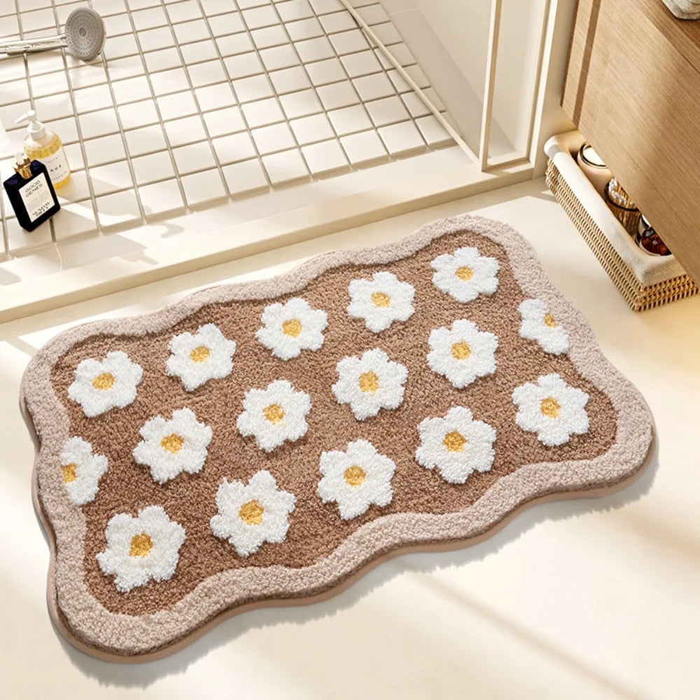 tapis sol fleurs naturel beige blanc vert salle bain intérieur antidérapant durable polyester feutre