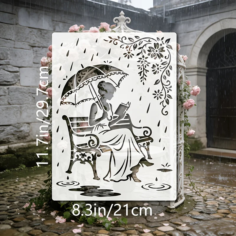 stencil diy illustration femme parapluie fleurs gouttes pluie coloriage peinture murale scrapbooking