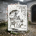 stencil diy illustration femme parapluie fleurs gouttes pluie coloriage peinture murale scrapbooking