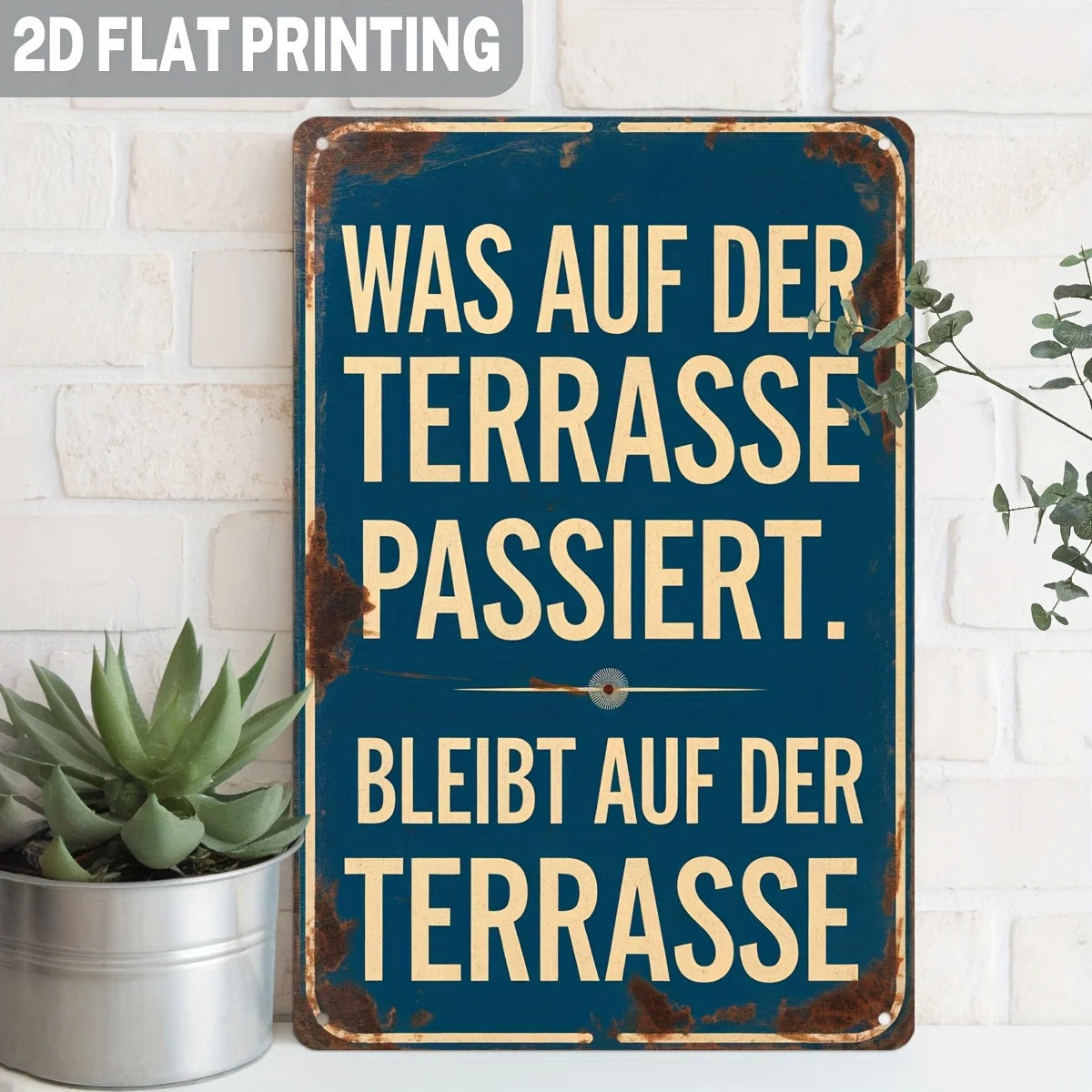 panneau decoratif metal bleu foncé rustique texte allemand vintage dimension 30cm hauteur 20cm largeur