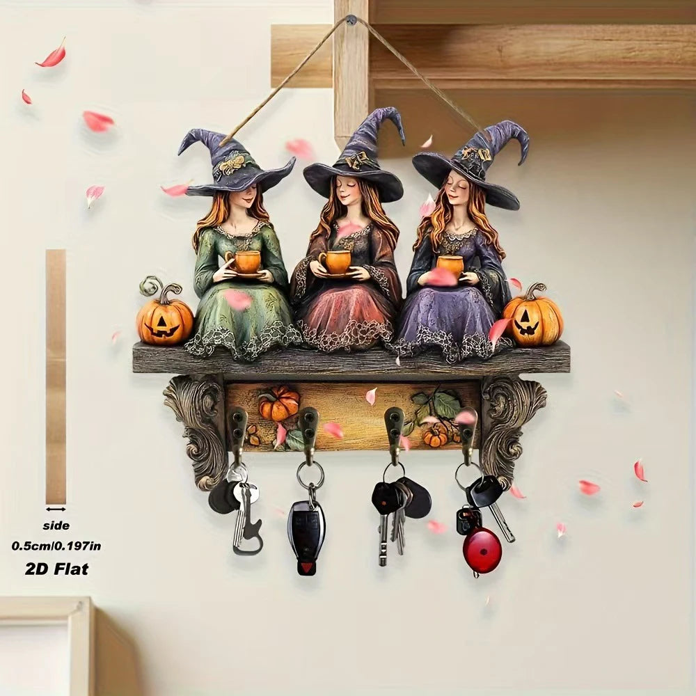 étagère murale décorative sorcières motifs automne couleurs vives halloween clés
