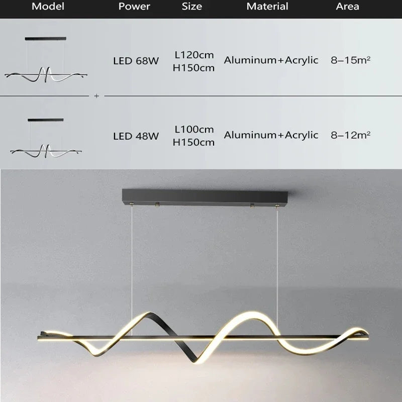 lampe suspendue moderne ondulé noir doré 100cm 120cm led 48w 68w