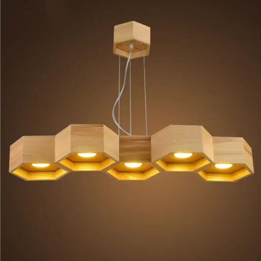 lustre suspendu bois clair hexagonal modernes ampoules led salon chambrehôtel