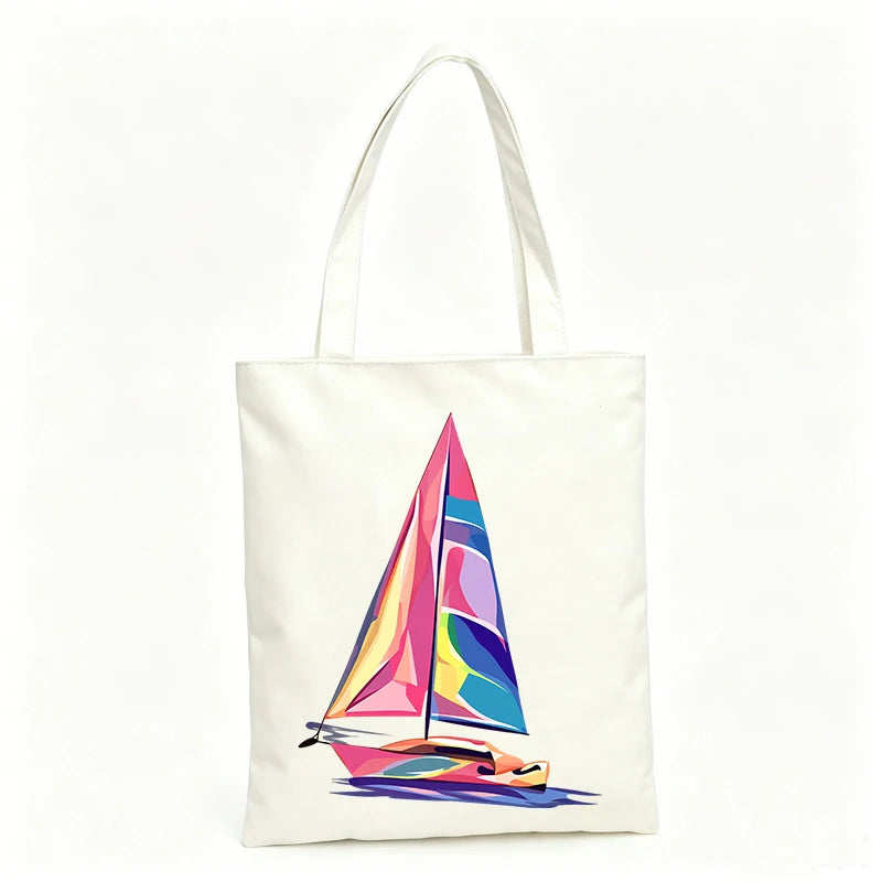 sac main toile cartoon voilier blanc moderne sans fermeture éclair poignées tissu