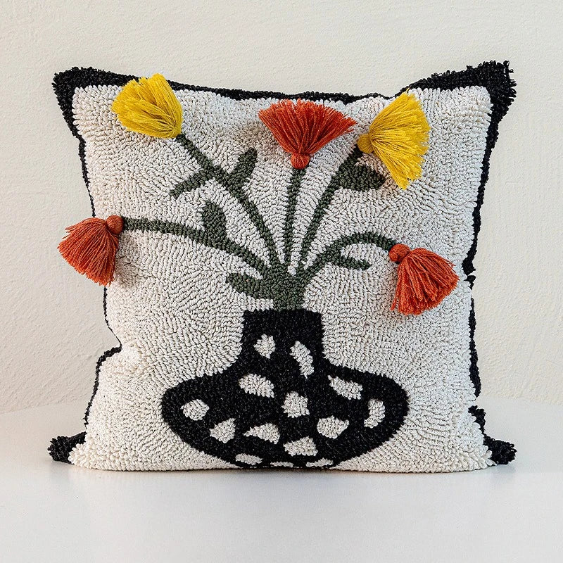 coussin noir blanc brodé géométrique moderne fixé 45x45cm décoration