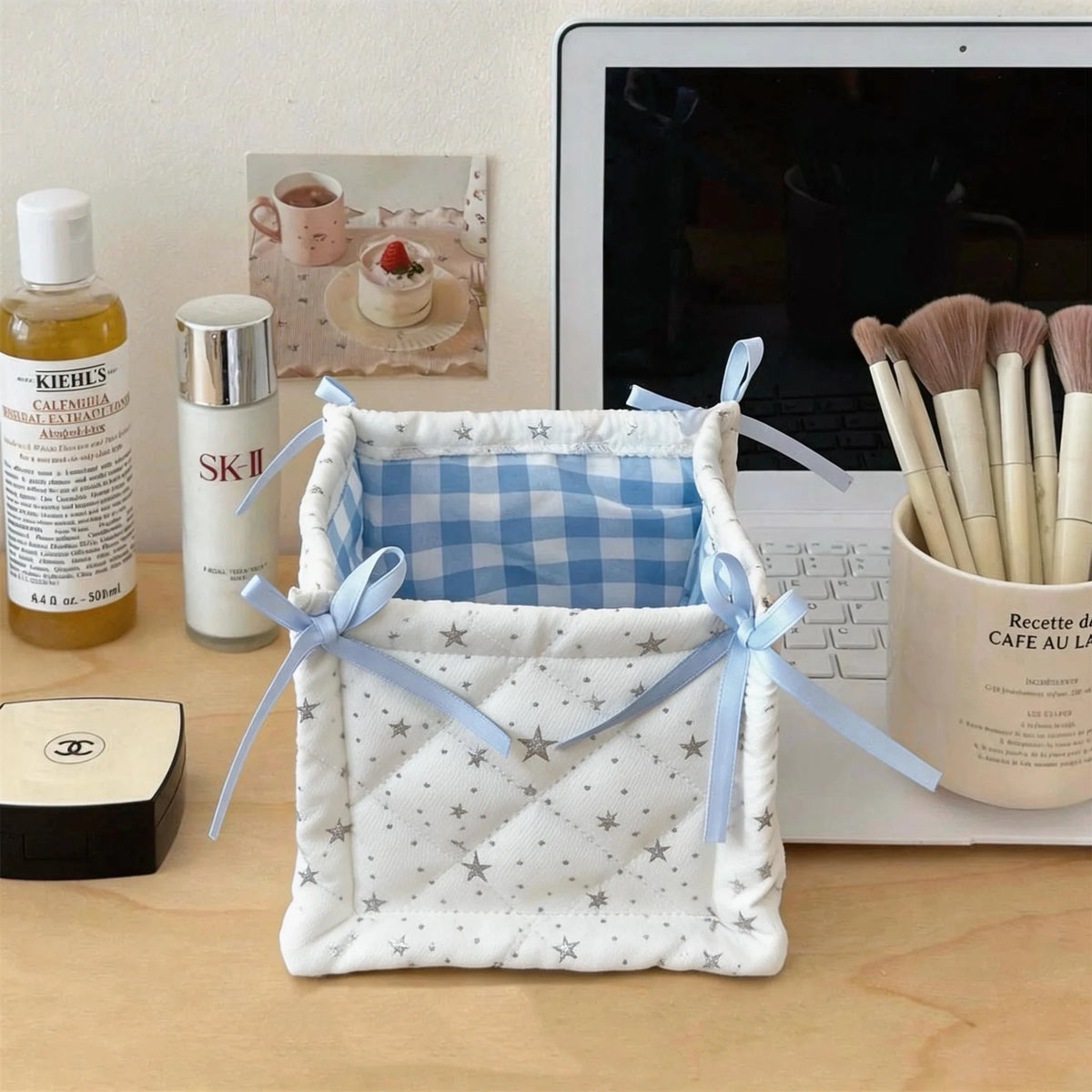 paniers rangement tissu vichy imprimé floral ours rubans décoratifs blanc rose violet rouge doux