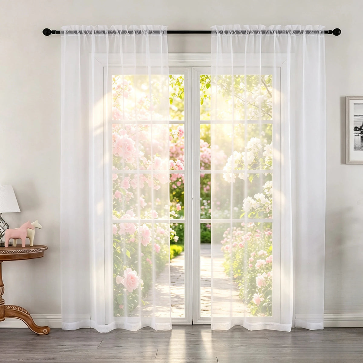 rideau voile blanc transparent moderne anneaux suspension salon chambre fenêtre