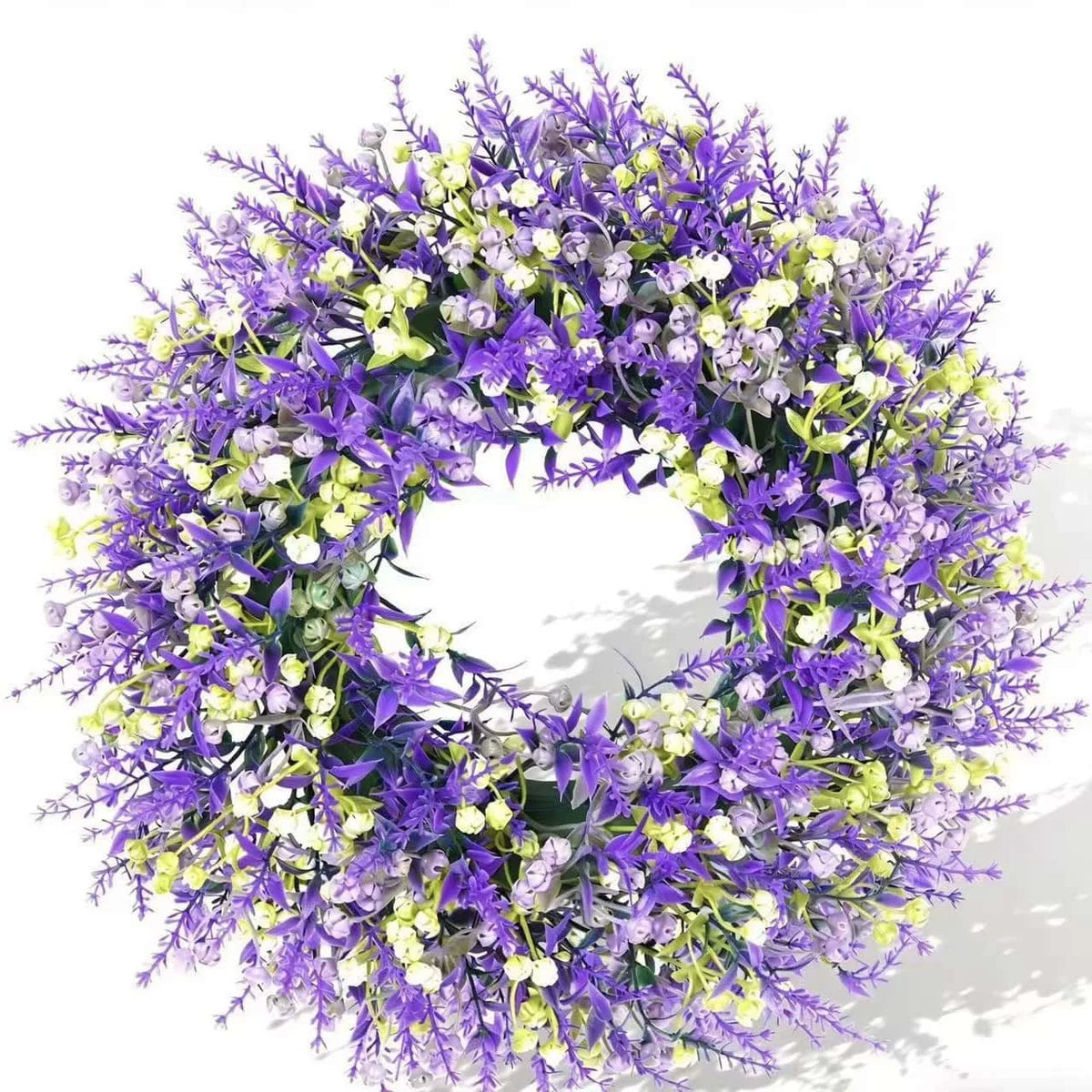 couronne florale artificielle violette blanche verte décoration extérieure mariage fête prénuptiale rustique naturel