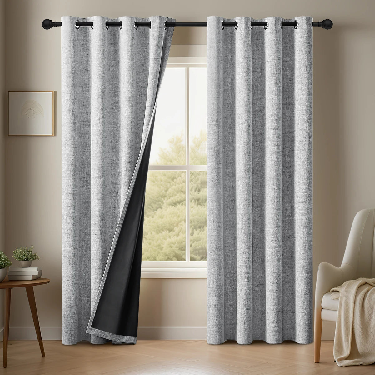 rideau texturé lin gris clair opaque moderne tringle minimaliste chambre salon