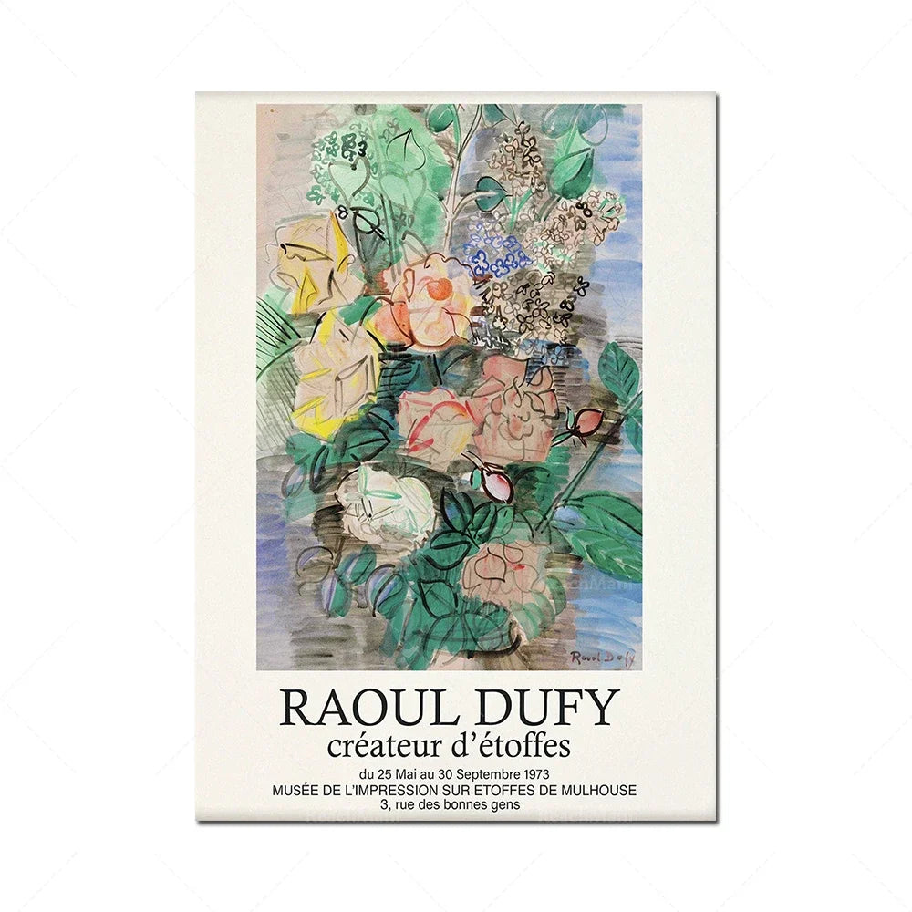 Le tableau illustre une scène luxuriante de fleurs et de feuillages colorés, représentant une exposition d'œuvres de l'artiste français Raoul Dufy, créateur d'étoffes, au Musée de l'Impression sur Étoffes de Mulhouse.