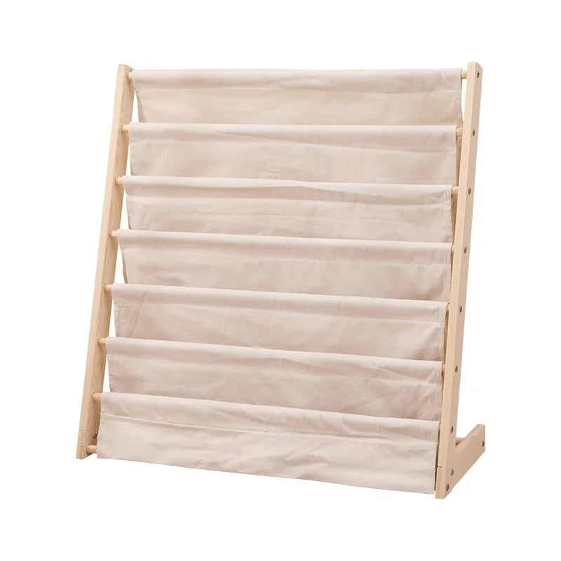 support livres bois beige clair moderne minimaliste pochettes amovibles pieds simples autonomes