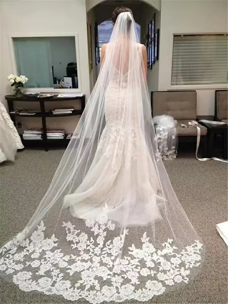 voile mariée blanc broderie florale classique bord dentelle polyester femme