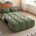 canapé lit velours vert olive moderne coussins couverture salon petit espace