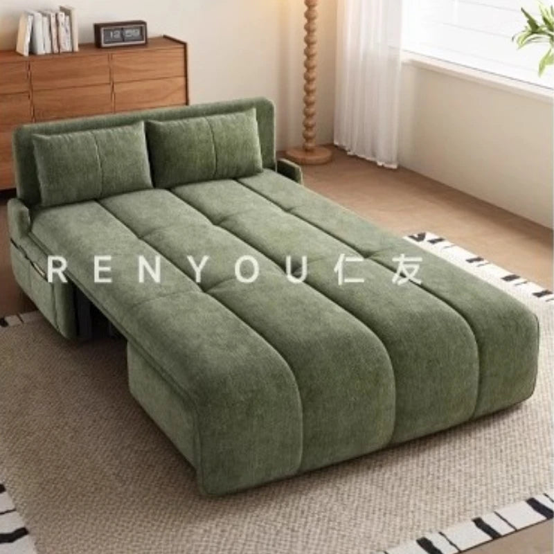 canapé lit velours vert olive moderne coussins couverture salon petit espace