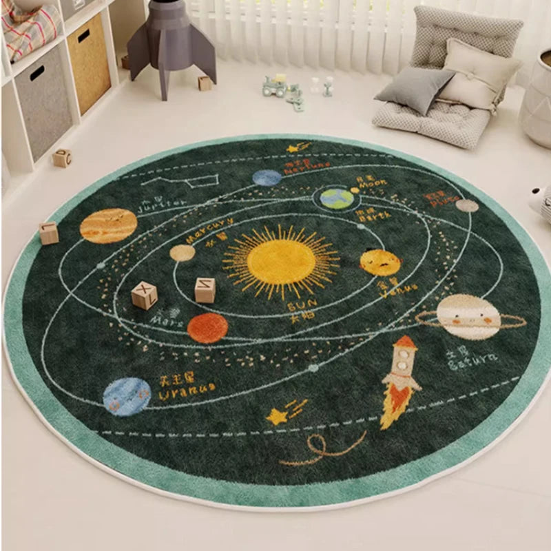 tapis rond polyester dessin animé cirque chevaux système solaire moderne enfant couleur beige rouge