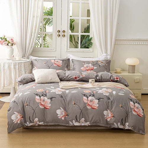 housse couette motif floral moderne gris rose blanc taies d'oreiller 100 polyester