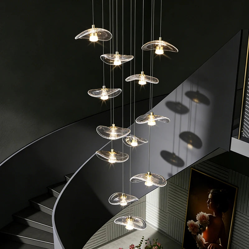 lustre suspension moderne pierre verre transparente doré hall villa loft haut