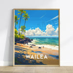 Affiche représentant une scène idyllique de la plage de Wailea à Maui, Hawaii, avec des palmiers et des vagues écumantes sur un fond de ciel bleu et de nuages blancs.